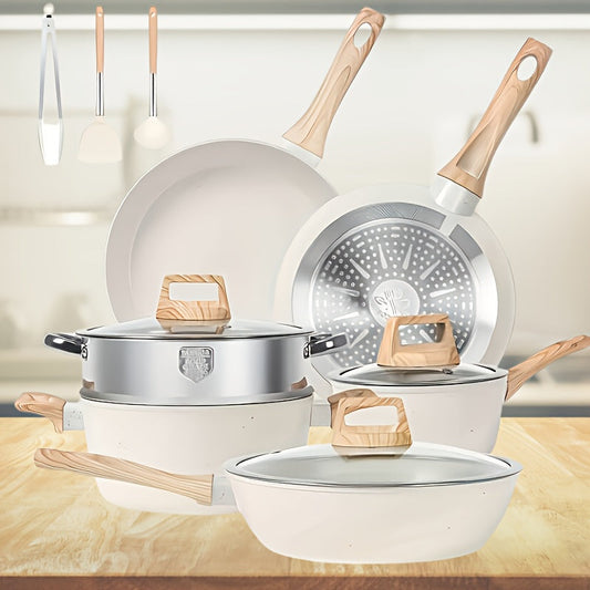 12-piece/ 5-piece Non-stick Cookware Set Non-stick Cookware Set Non-stick Induction Cooker Cookware Granite Cooking Tools Include Frying Pan, Saucepan, Steamer, Silicone Spatula And Tongs, Gift