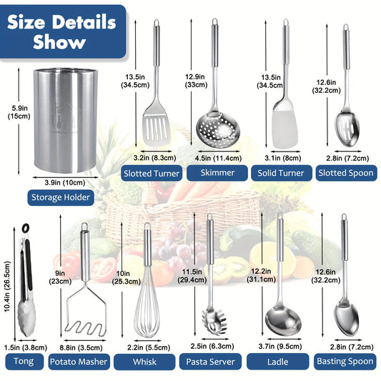 11pcs Stainless Steel Kitchen Utensils Set with Storage Bin, Heat Resistant Metal Spatula Set Utensils Set for Cooking with Turners, Masher, Skimmer, Spoons, Ladle, Tongs, Whisk Father Gift