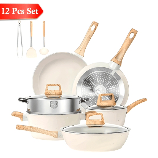 12-piece/ 5-piece Non-stick Cookware Set Non-stick Cookware Set Non-stick Induction Cooker Cookware Granite Cooking Tools Include Frying Pan, Saucepan, Steamer, Silicone Spatula And Tongs, Gift
