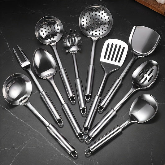 10pcs Sets Of Stainless Steel Kitchen Cooking Spoon And Shovel Set, Household Double-line Pot Shovel, Spoon, Leak Fork, Hotel Supplies, Complete Set Of Kitchen Utensils, Gift Set